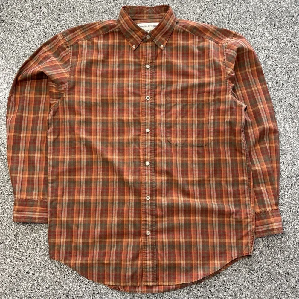 Vintage Banana Republic Shirt Mens M Button Up Long Sleeve Plaid Orange